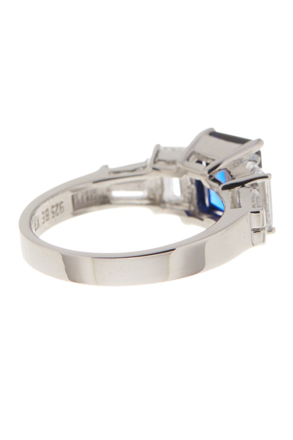 Sterling Silver Emerald Cut Blue Sapphire CZ 3-Stone Ring - Sterling Forever