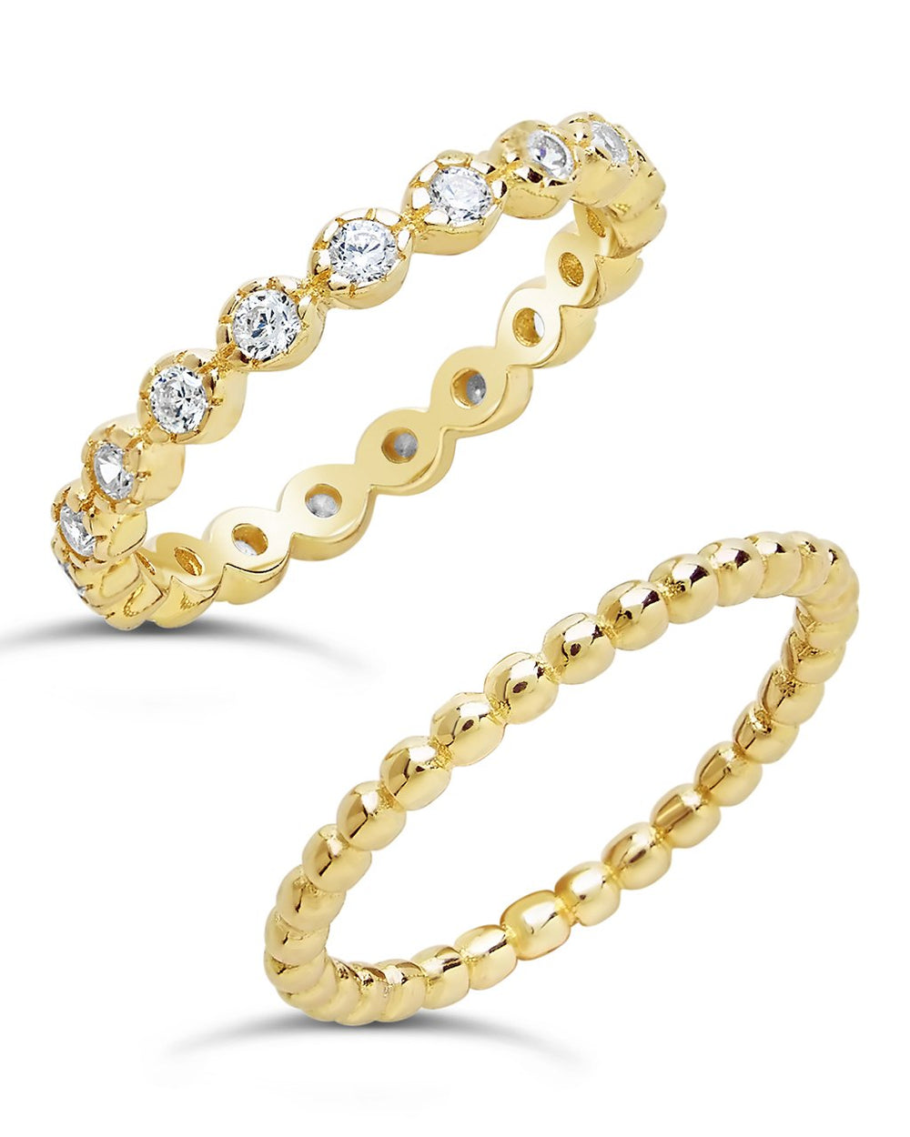 Sterling Silver Bezel Set CZ & Beaded Band Stackable Ring Set - Sterling Forever