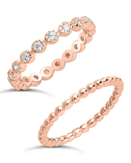 Sterling Silver Bezel Set CZ & Beaded Band Stackable Ring Set - Sterling Forever