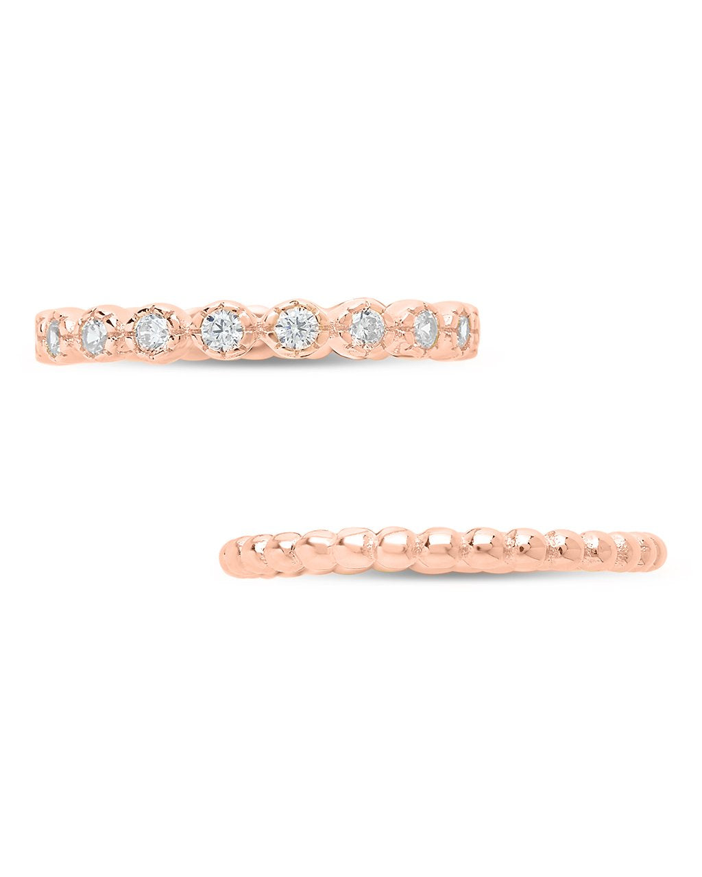 Sterling Silver Bezel Set CZ & Beaded Band Stackable Ring Set - Sterling Forever