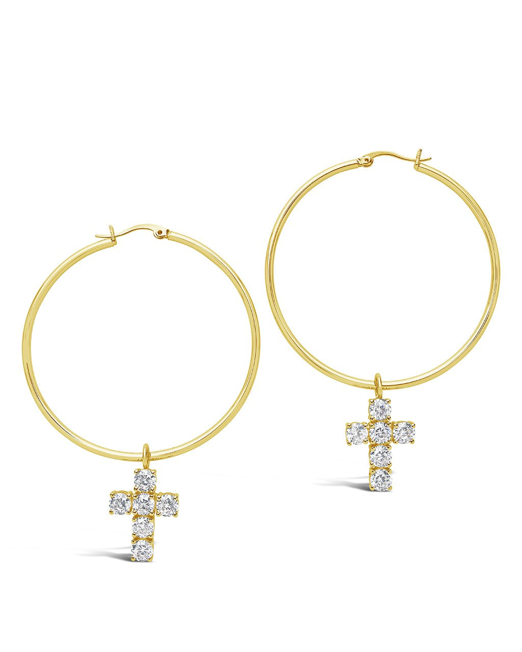 Pave CZ Dangling Cross 50mm Hoop Earrings - Sterling Forever