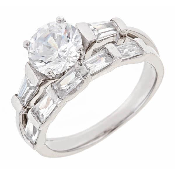 Sterling Silver Brilliant Engagement Ring w/ Baguette Sides & Band - Sterling Forever