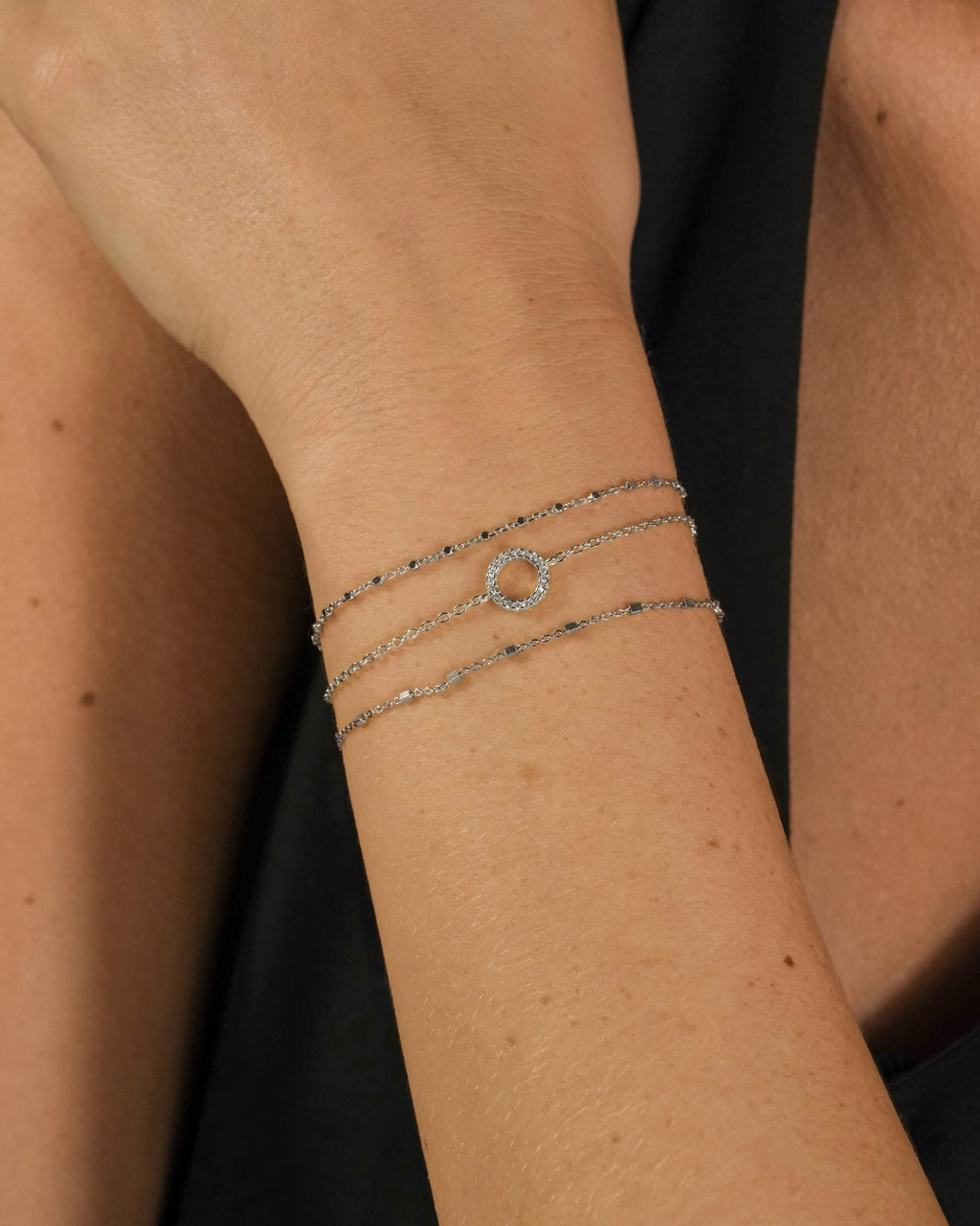 Sterling Silver CZ Circle & Chain Bracelet Set of 3