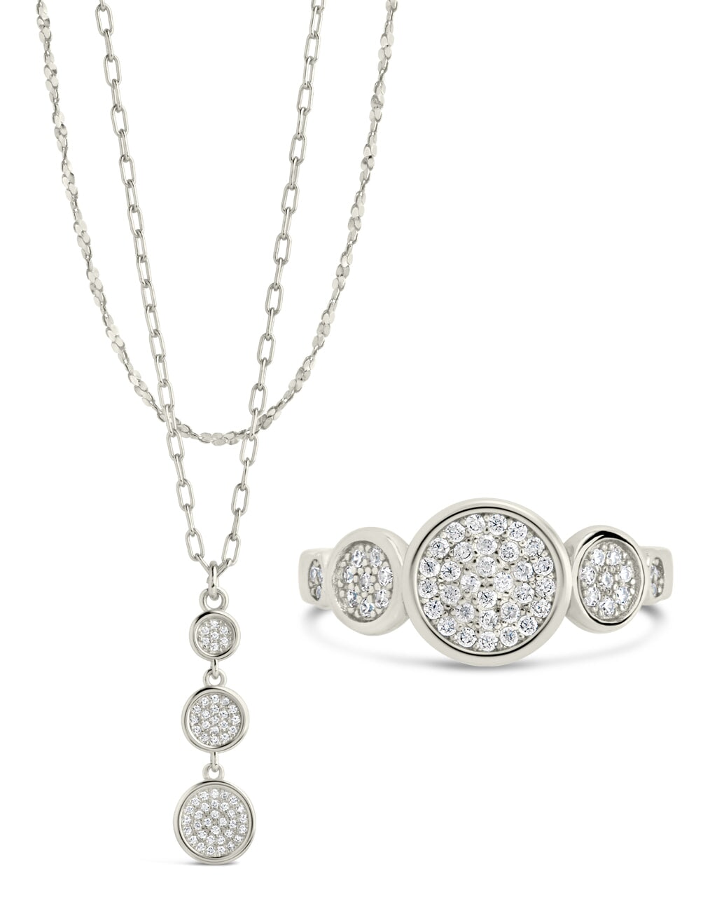 CZ Bubble Cocktail Ring & Layered Necklace Set Bundles Sterling Forever Silver 6 