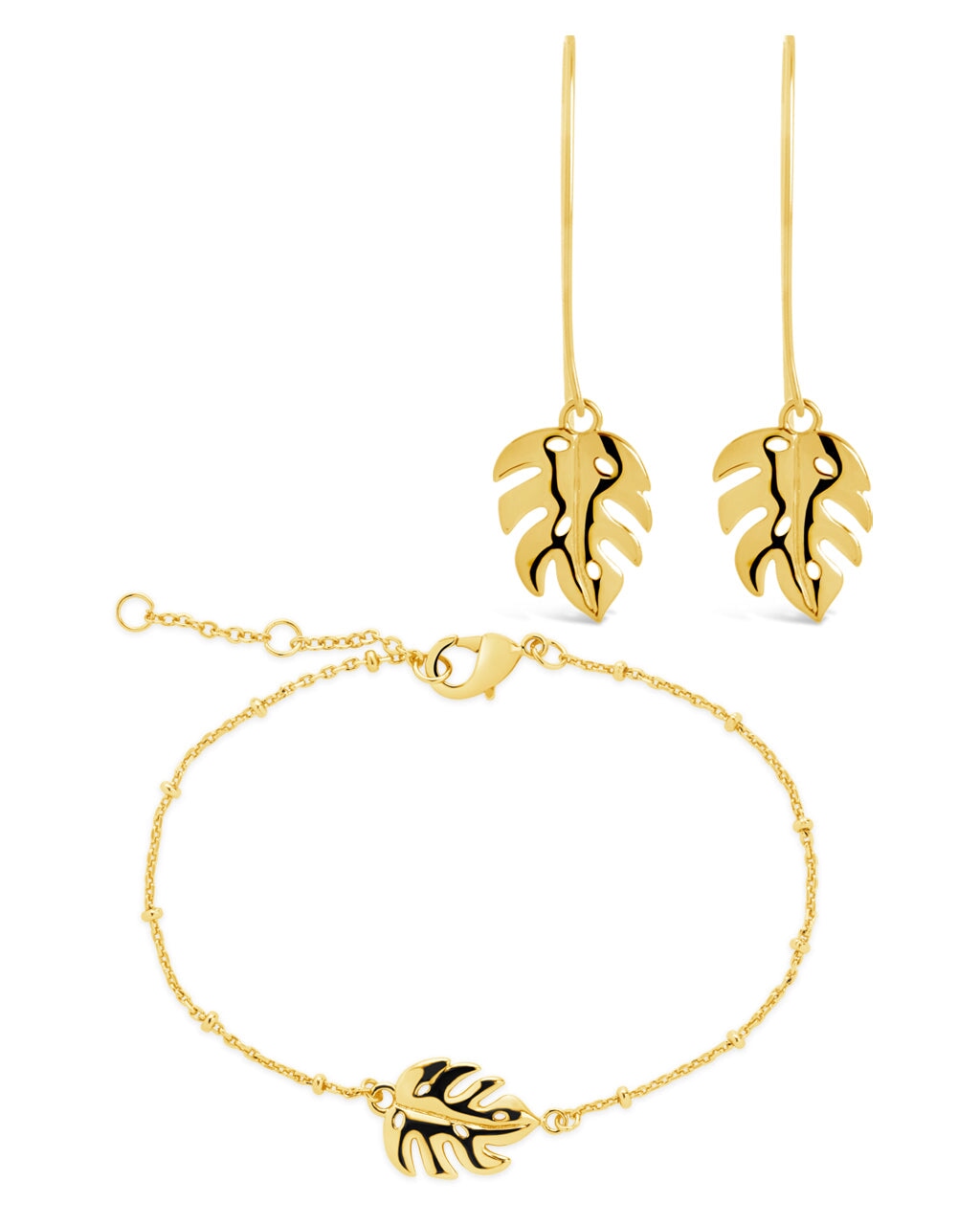 Monstera Leaf Threader Earrings and Chain Bracelet Set Bundles Sterling Forever Gold 