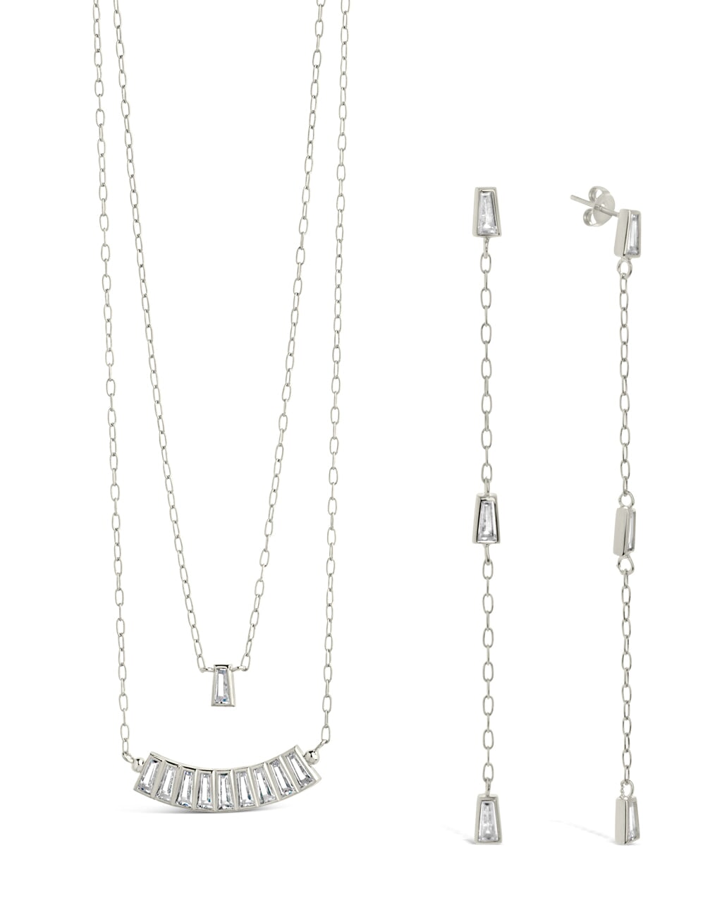 Tapered CZ Drop Earrings & Layered Necklace Set Bundles Sterling Forever Silver 