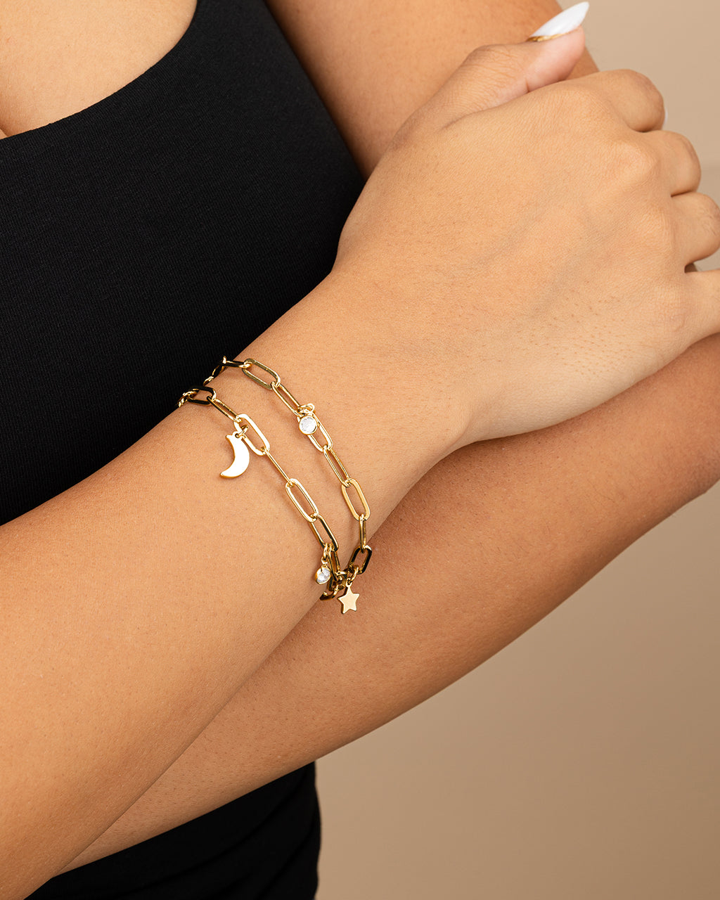 CZ, Moon, & Star Double Chain Bracelet