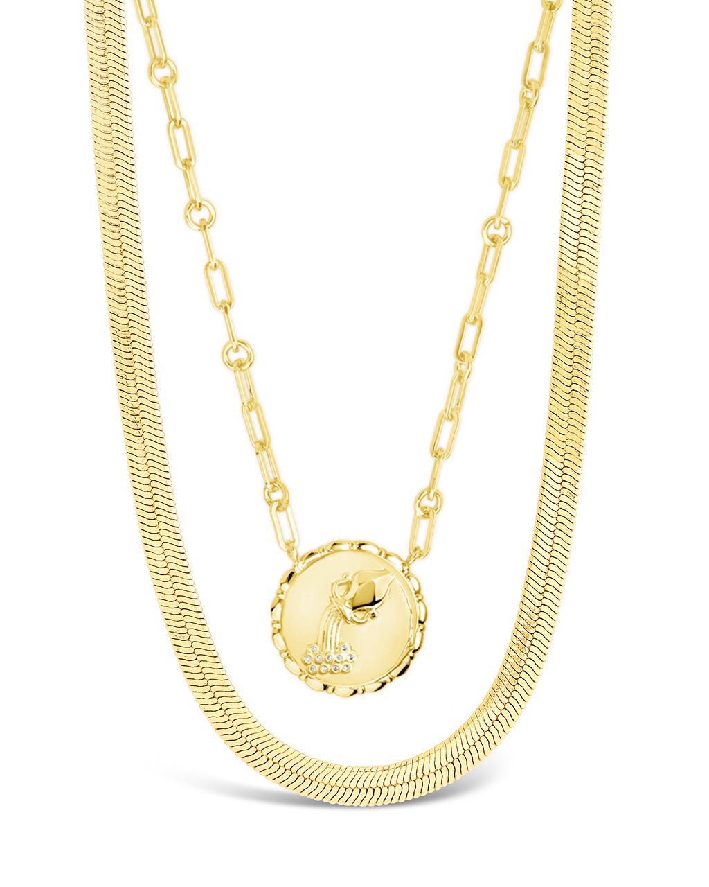 Bold Link Zodiac Necklace & Herringbone Chain Necklace Set - Sterling Forever