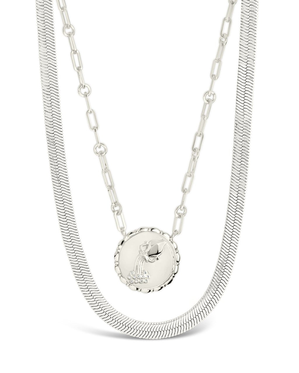 Bold Link Zodiac Necklace & Herringbone Chain Necklace Set - Sterling Forever