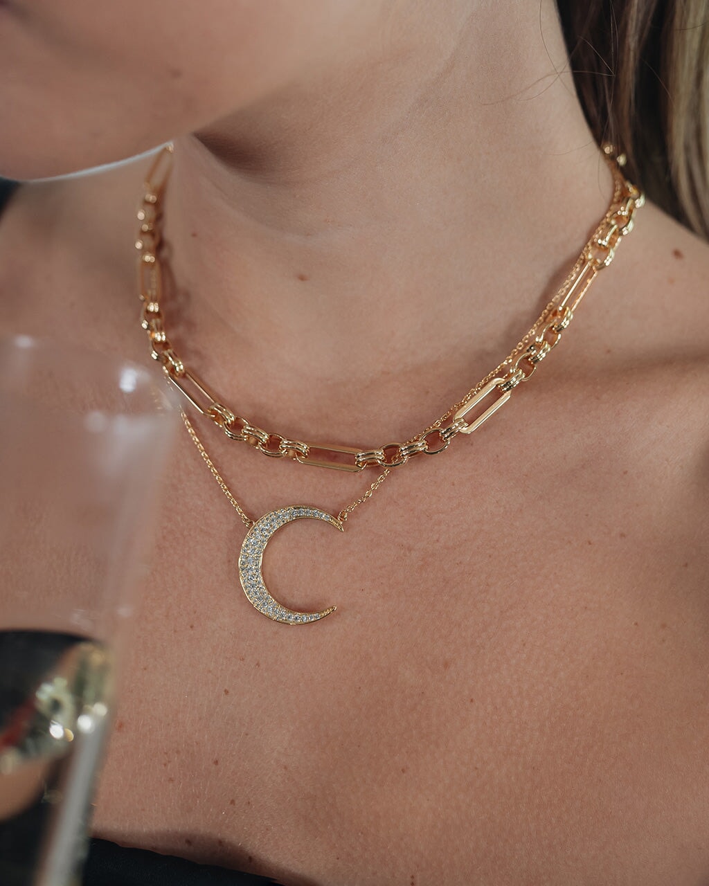 Crescent Moon Double Strand Necklace Gold-plated Sterling Silver Adjustable Crescent Moon Double Strand Necklace Gold-plated Sterling Silver Adjustable