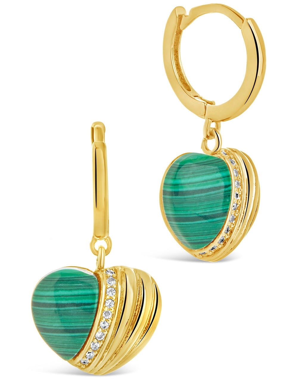 Malachite & CZ Heart Charm Hoops Earring Sterling Forever Gold 