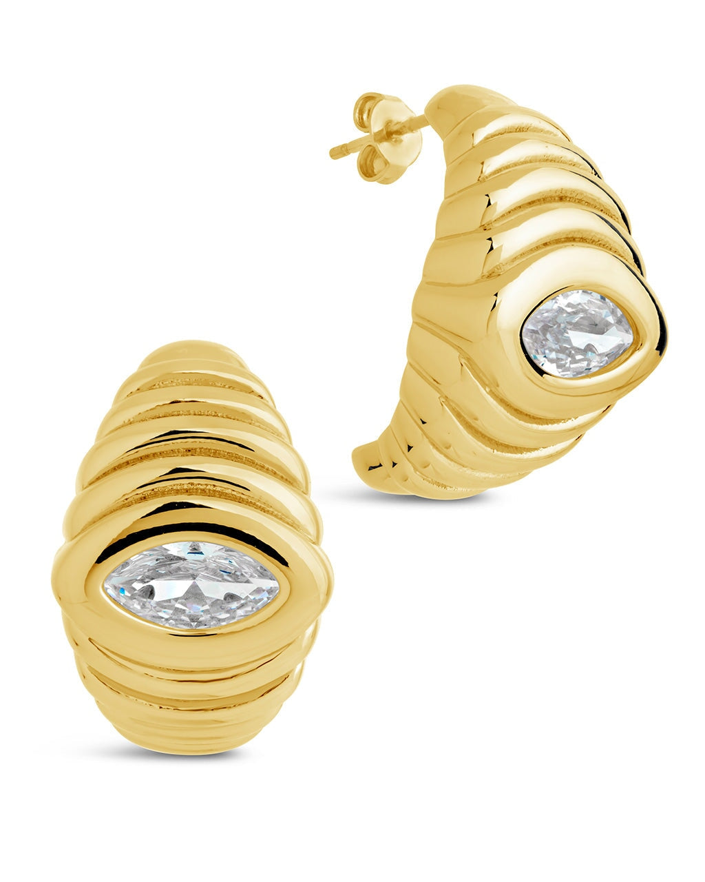 CZ Studded Croissant Hoop Earrings Earring Sterling Forever Gold 