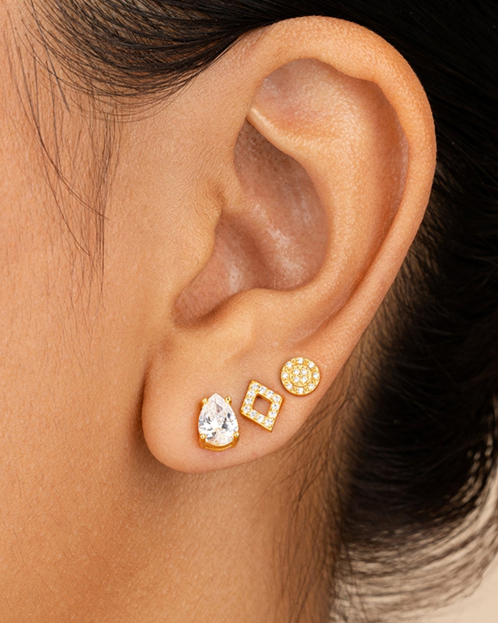 Sterling Silver CZ Geo Stud Set of 3