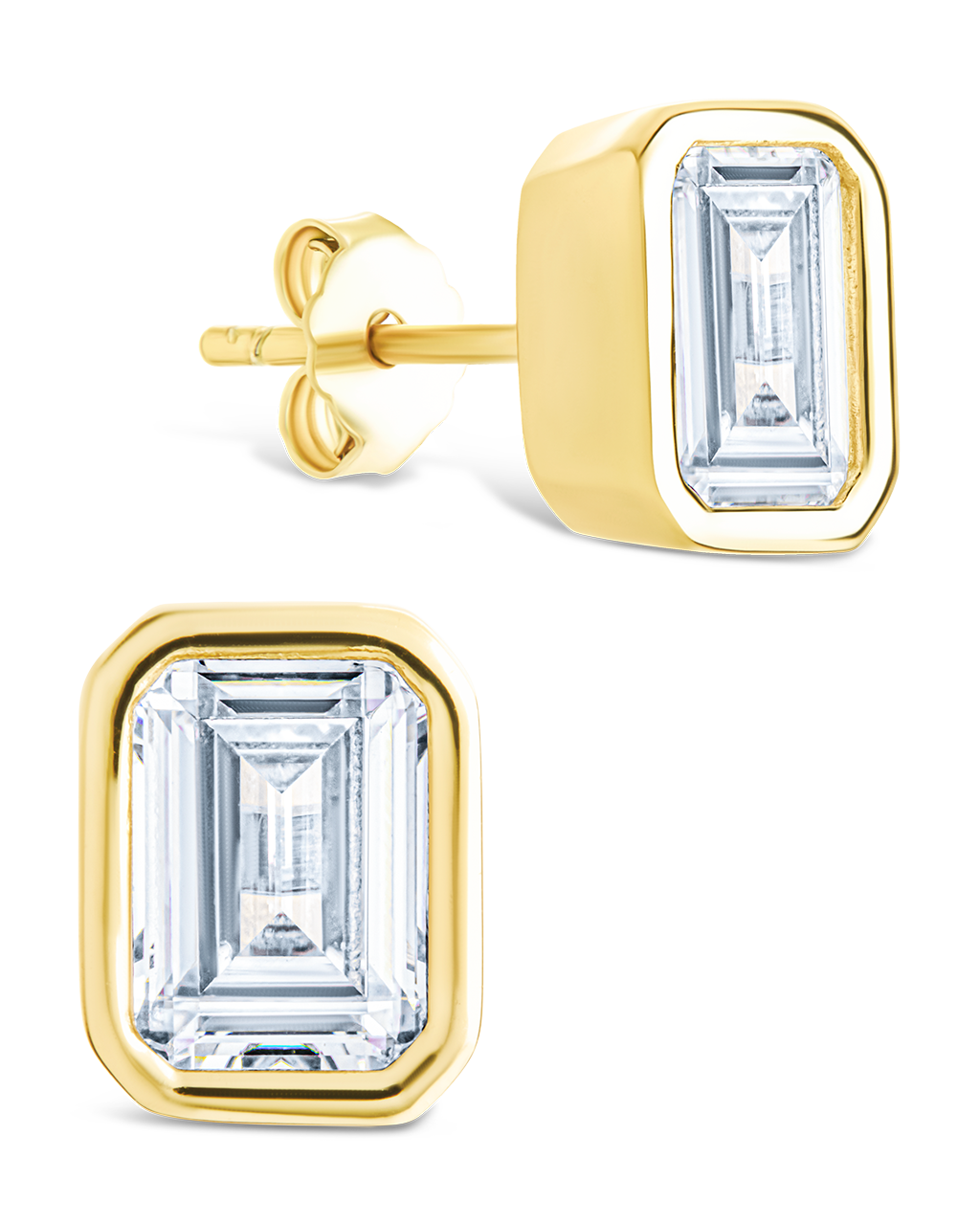 Sterling Silver Emerald Cut Bezel Set Stud Earrings