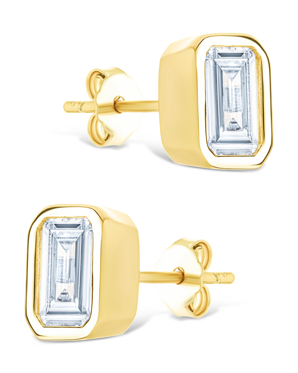 Sterling Silver Emerald Cut Bezel Set Stud Earrings