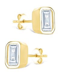 Sterling Silver Emerald Cut Bezel Set Stud Earrings - Sterling Forever