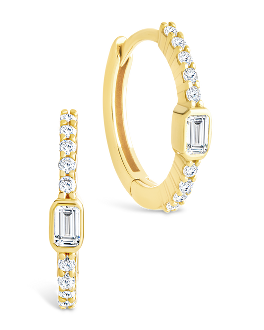 Sterling Silver Emerald Cut Bezel Set Huggie Hoop Earrings