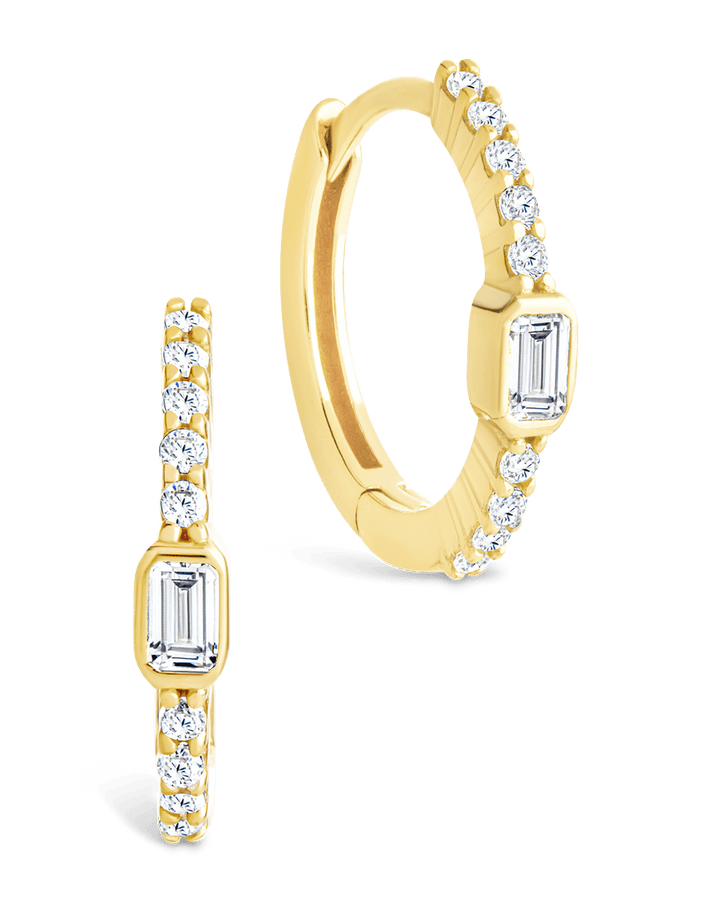 Sterling Silver Emerald Cut Bezel Set Huggie Hoop Earrings