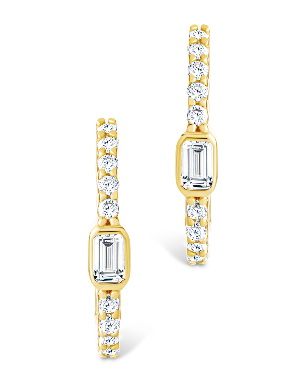 Sterling Silver Emerald Cut Bezel Set Huggie Hoop Earrings