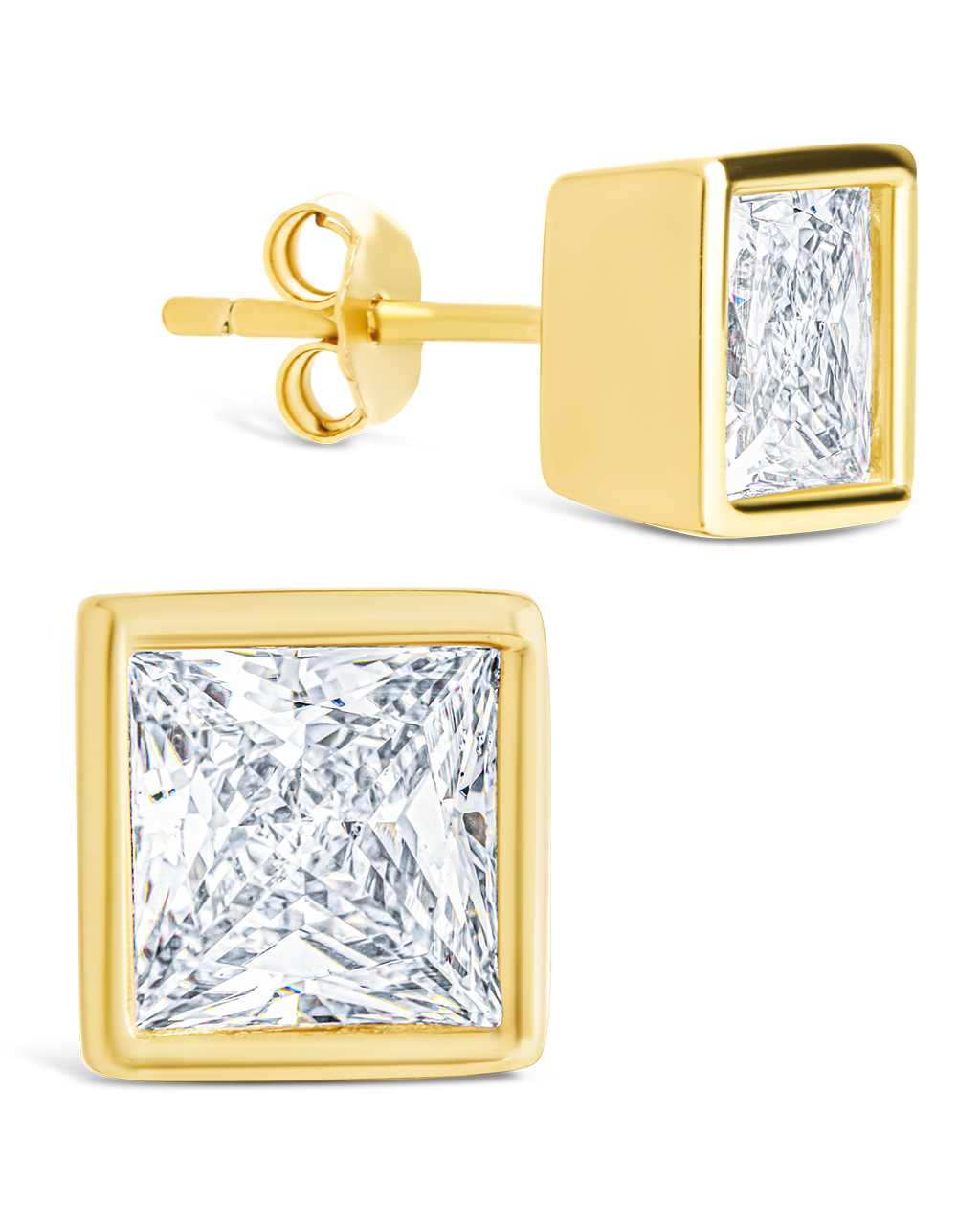 Sterling Silver Princess Cut Bezel Set Stud Earrings