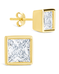 Sterling Silver Princess Cut Bezel Set Stud Earrings - Sterling Forever