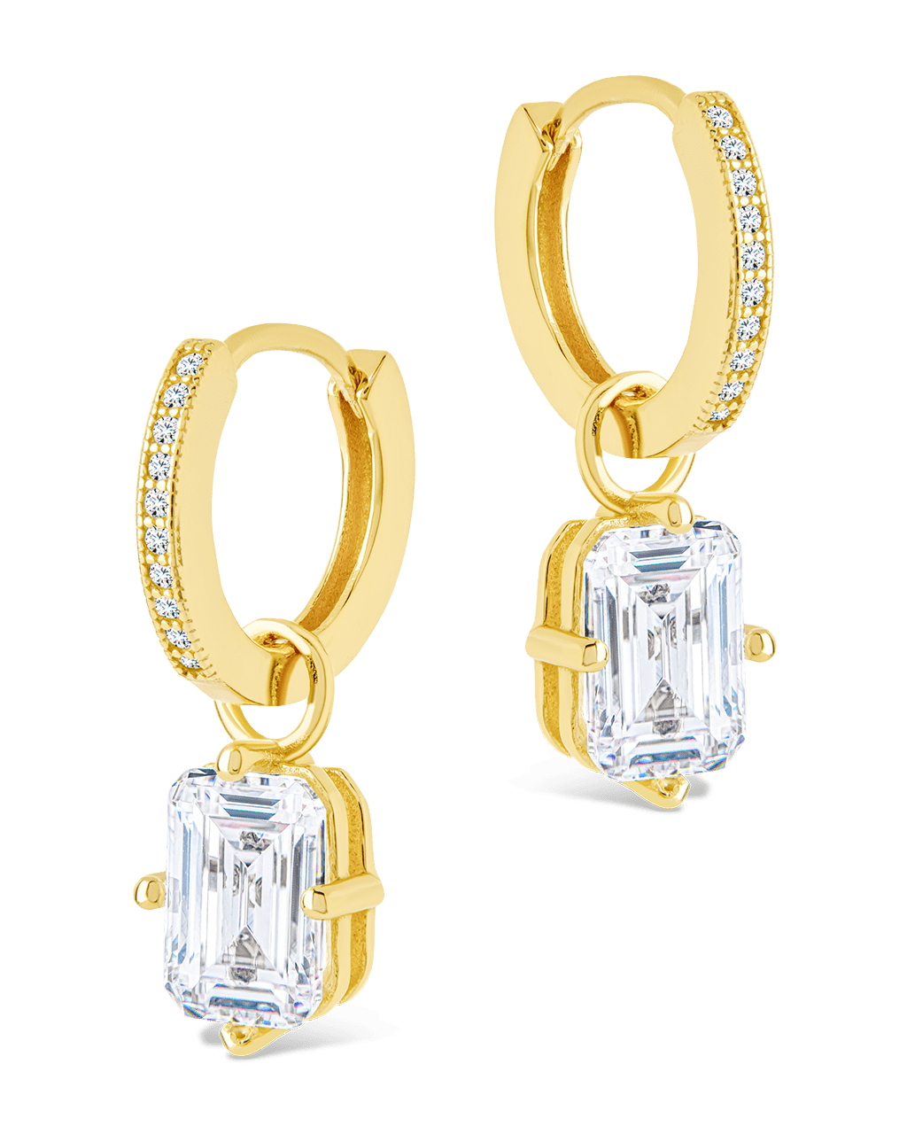 Sterling Silver Emerald Cut CZ Micro Hoop Dangle Earrings - Sterling Forever