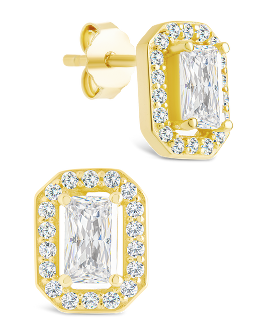 Sterling Silver Emerald Cut Brilliant Halo Studs