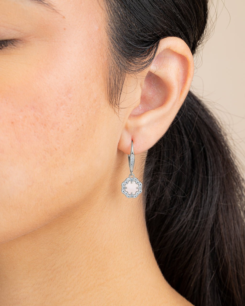 Bezel Frame Rose Petal Short Drop Earrings - Sterling Forever