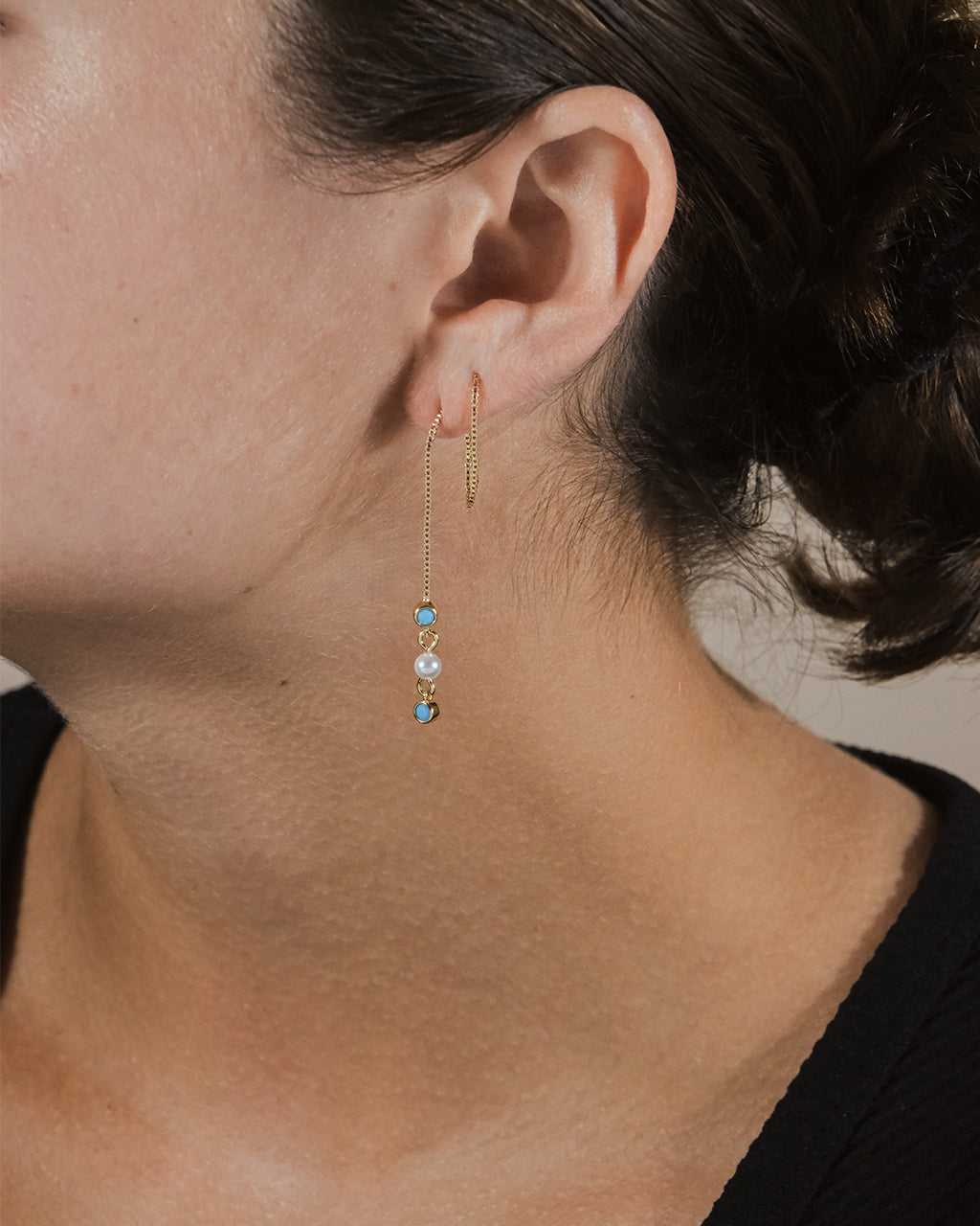 Bali Turquoise & Pearl Charm Long Threader Earrings