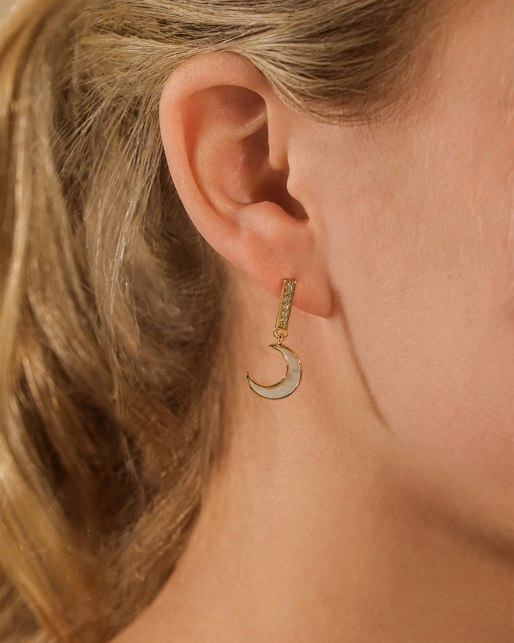 Valeria CZ & Moonstone Crescent Drop Stud Earrings
