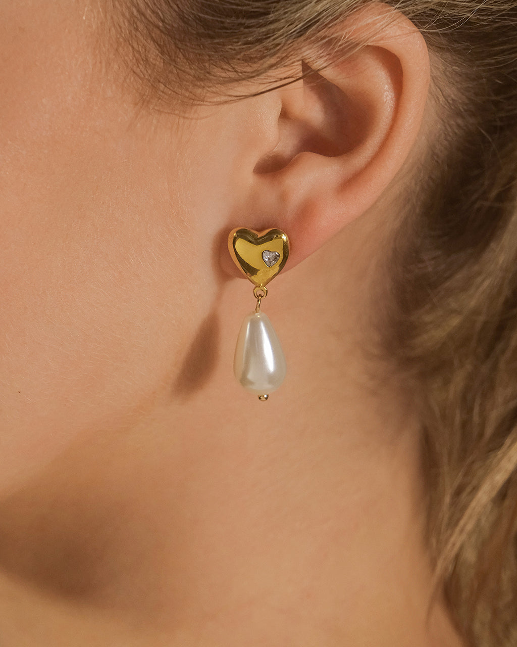 Josephine CZ Heart & Pearl Drop Earrings