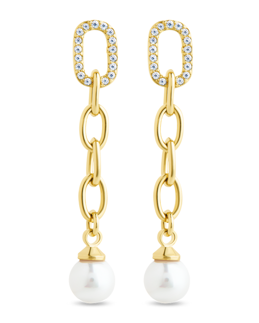 Daphne CZ & Pearl Chain Drop Stud Earrings