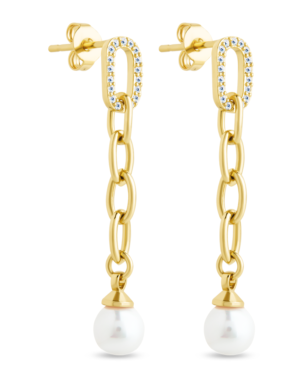 Daphne CZ & Pearl Chain Drop Stud Earrings
