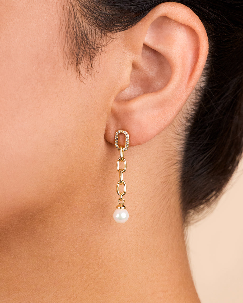 Daphne CZ & Pearl Chain Drop Stud Earrings
