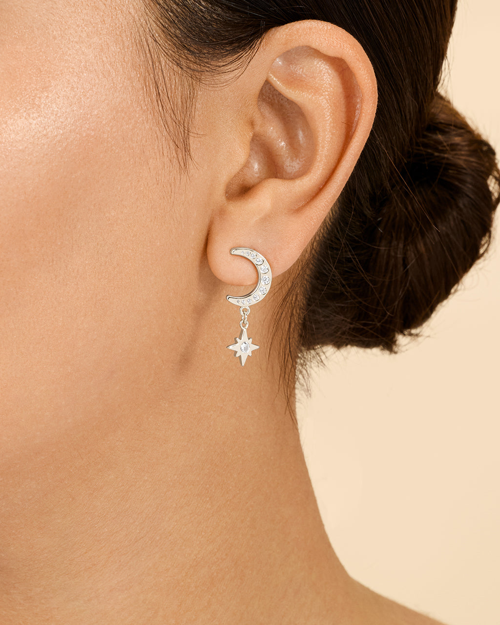 Sterling Silver CZ Crescent & Star Drop Studs