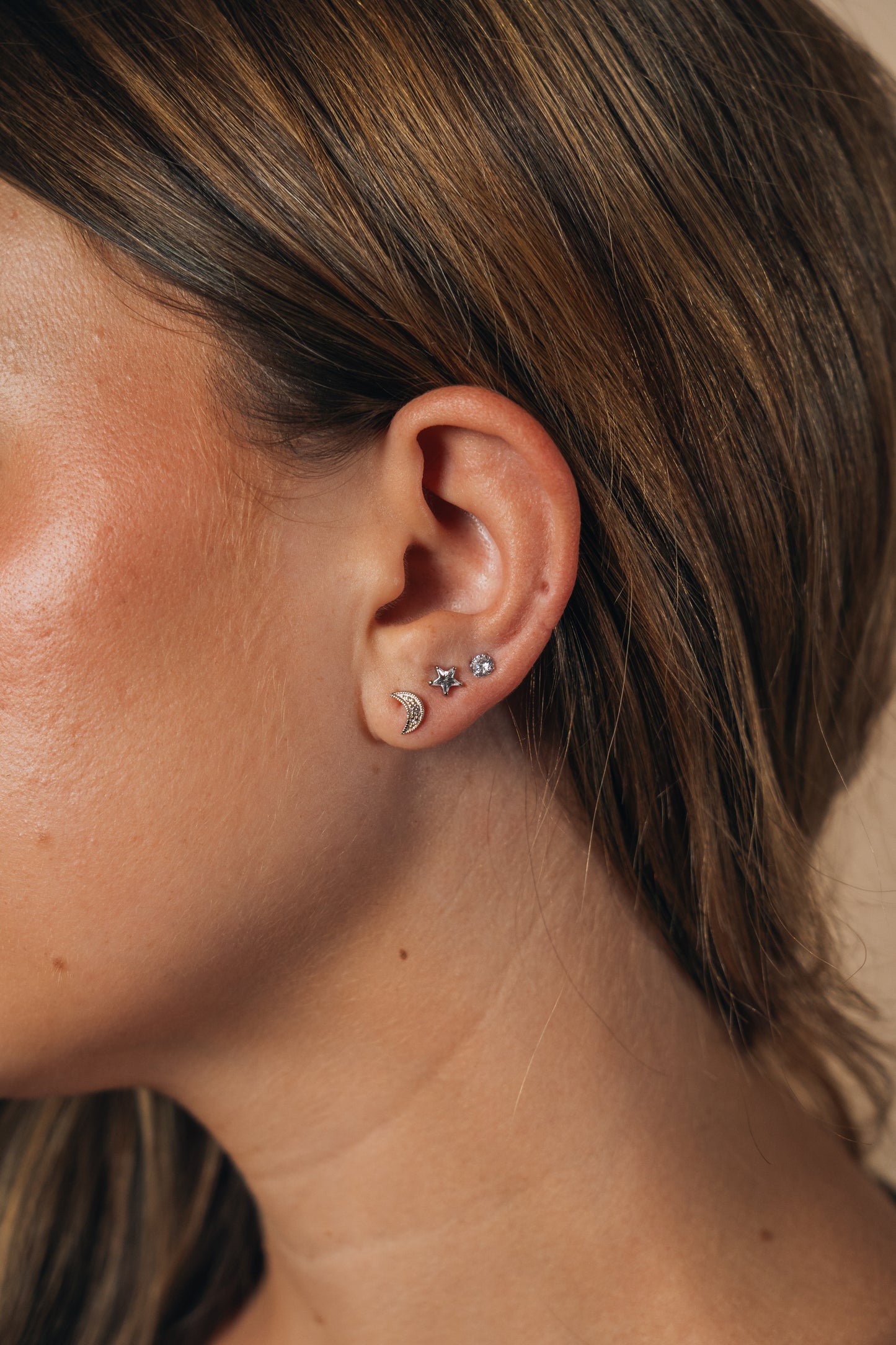 Sterling Silver CZ Crescent, Star, & Stud Set of 3