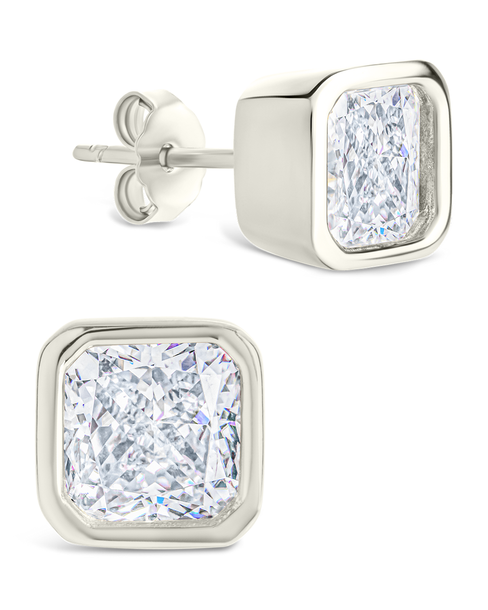 Sterling Silver Asscher Cut Bezel Set Stud Earrings