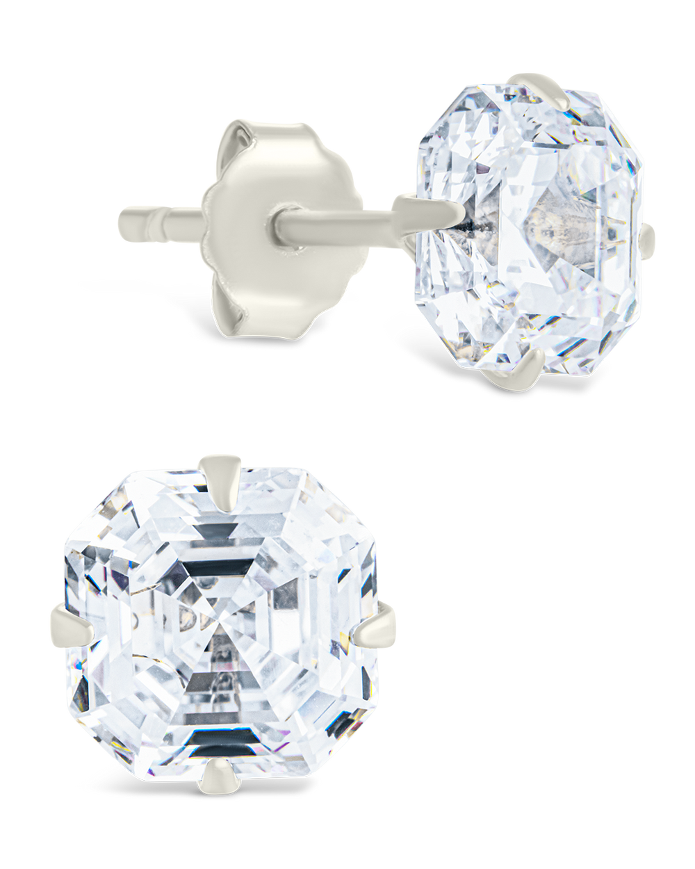 Sterling Silver Asscher Cut Prong Set Stud Earrings