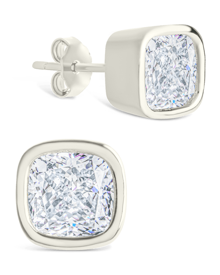Sterling Silver Cushion Cut Bezel Set Stud Earrings