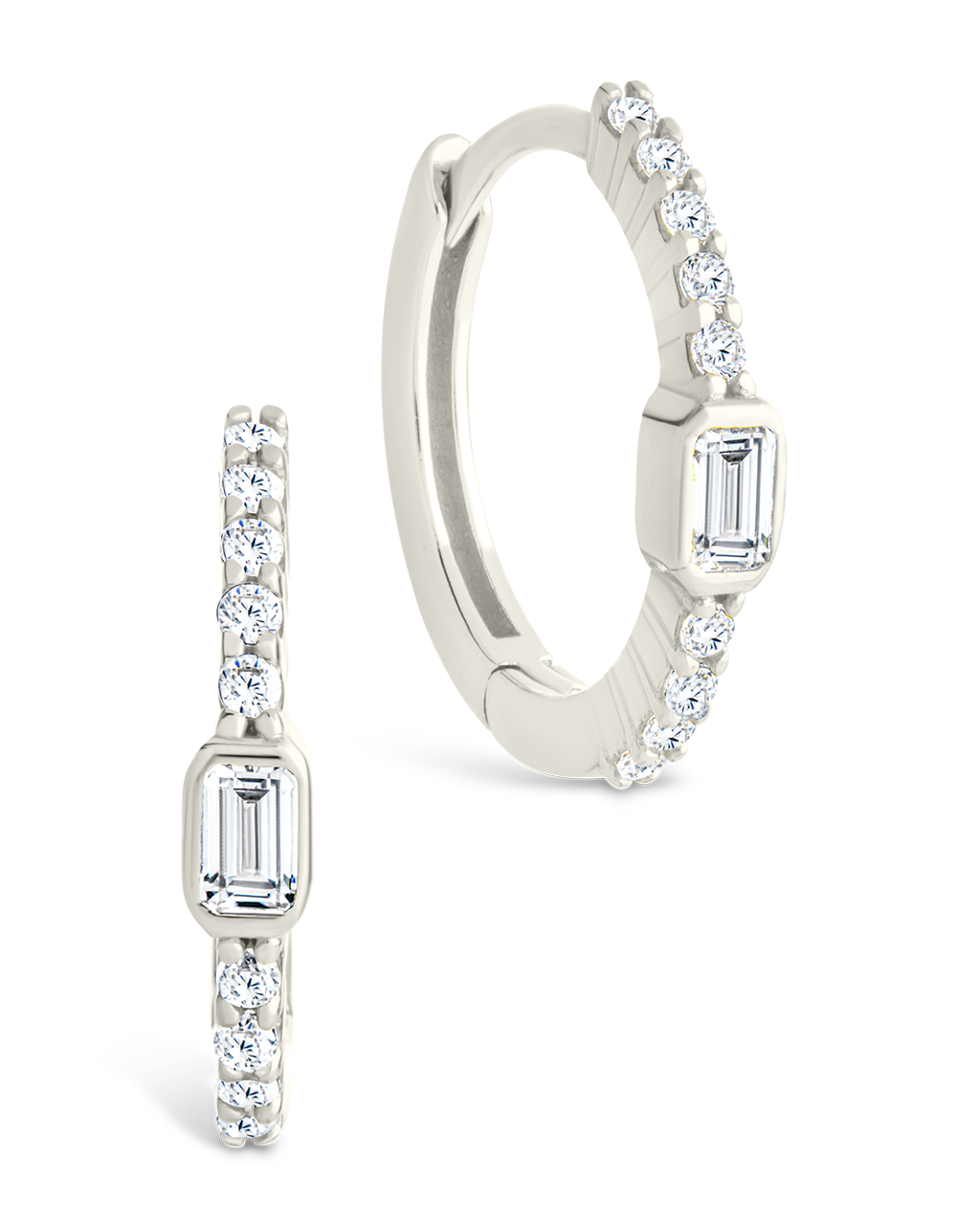 Sterling Silver Emerald Cut Bezel Set Huggie Hoop Earrings