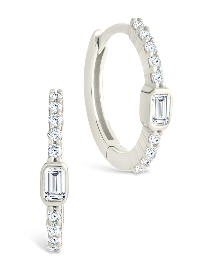 Sterling Silver Emerald Cut Bezel Set Huggie Hoop Earrings