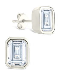 Sterling Silver Emerald Cut Bezel Set Stud Earrings - Sterling Forever