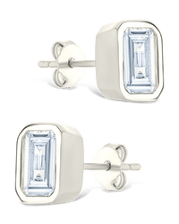 Sterling Silver Emerald Cut Bezel Set Stud Earrings - Sterling Forever