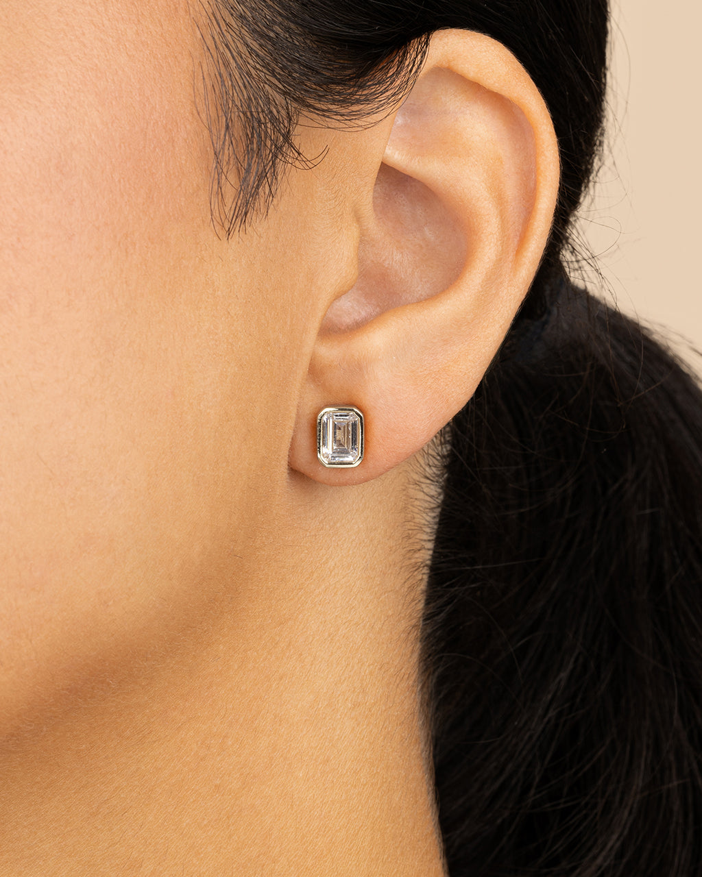Sterling Silver Emerald Cut Bezel Set Stud Earrings