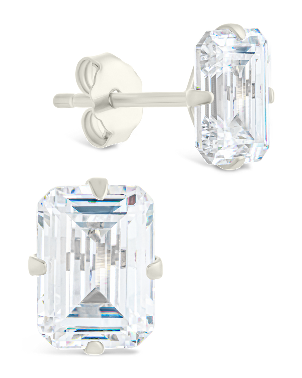 Sterling Silver Emerald Cut Prong Set Stud Earrings