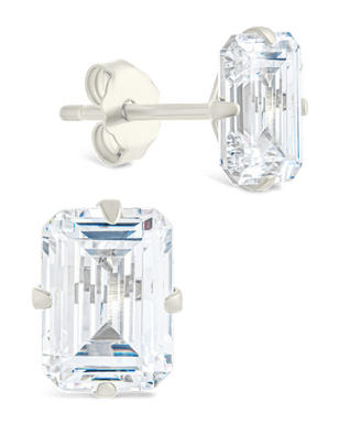 Sterling Silver Emerald Cut Prong Set Stud Earrings