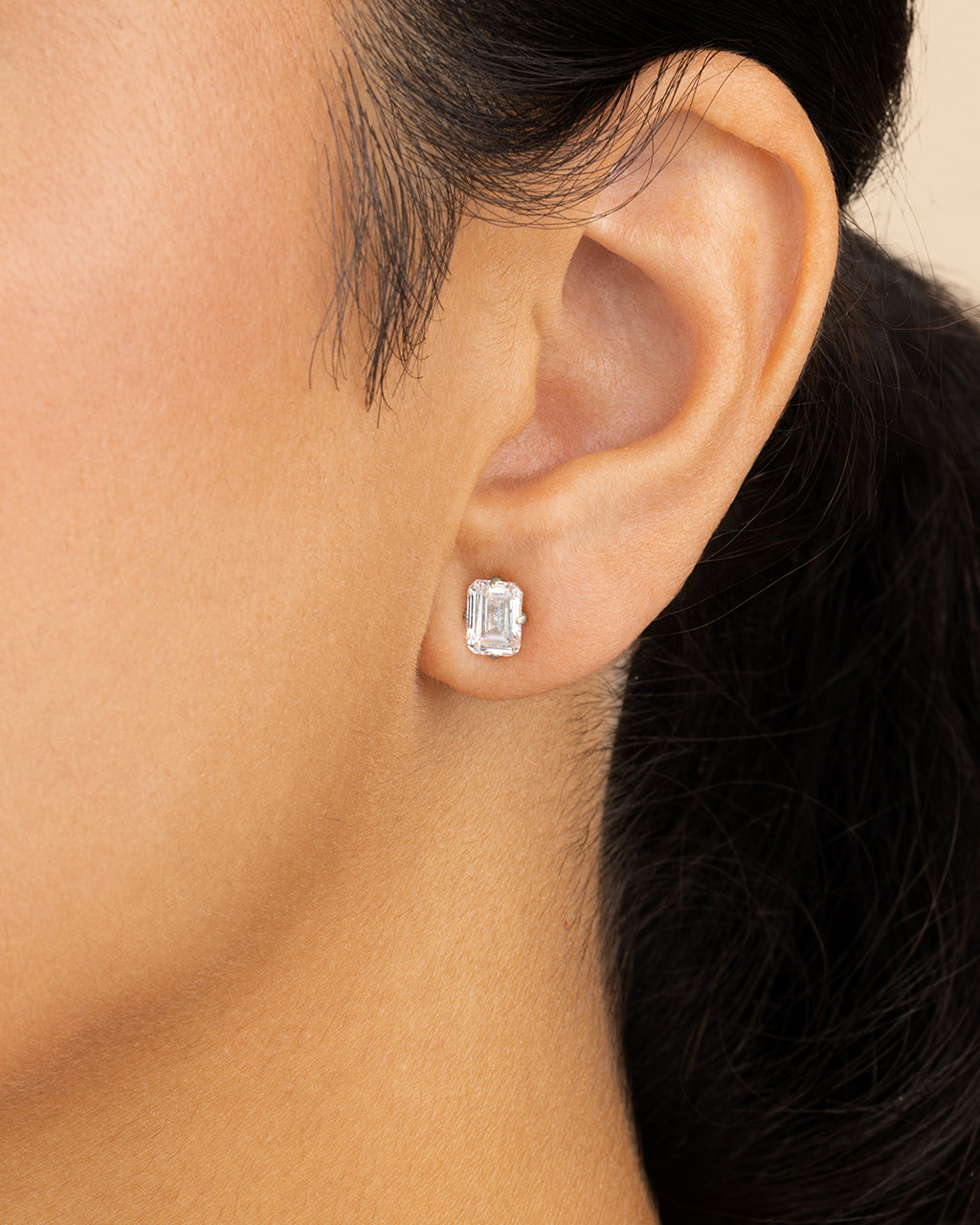Sterling Silver Emerald Cut Prong Set Stud Earrings