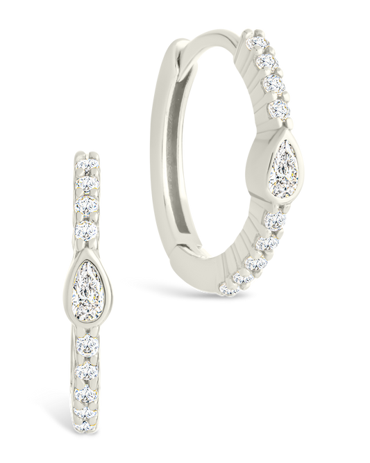 Sterling Silver Pear Cut Bezel Set Huggie Hoop Earrings