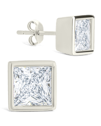 Sterling Silver Princess Cut Bezel Set Stud Earrings - Sterling Forever