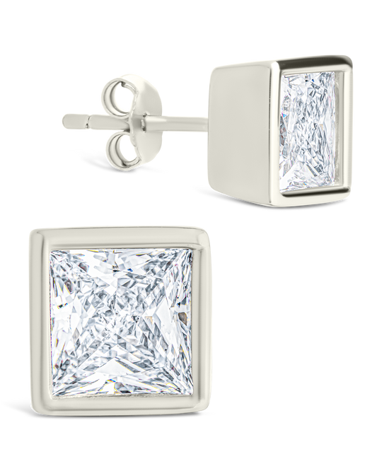Sterling Silver Princess Cut Bezel Set Stud Earrings